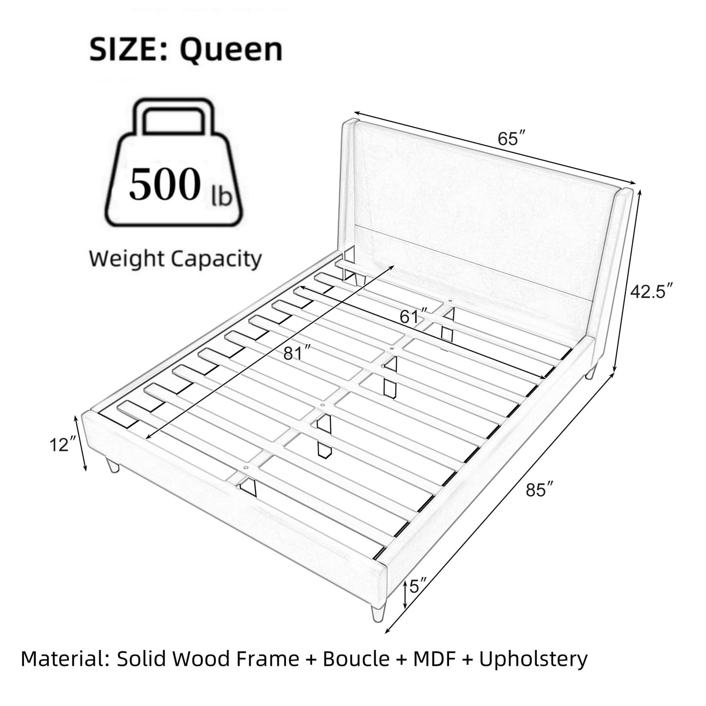 Merax Solid Wood Queen Size Boucle Bed Frame with Wingback Headboard, Modern Upholstered Platform with Walnut Wooden Legs, Strong Wooden Slats, No Box Spring Needed, Easy Assembly, Noise-Free, Ivory