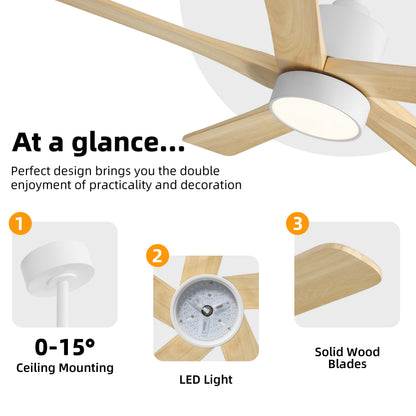 WINGBO 48 Inch DC Ceiling Fan with Lights and Remote Control, 5 Carved Solid Wood Blades, 6-Speed Noiseless Reversible DC Motor, Indoor Ceiling Fan in Gloss White Finish with Oak Blades