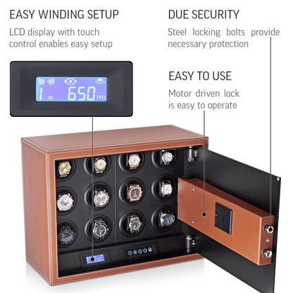 Watch Winder Security Safe for Automatic Watches with Digital Lock, Faux Leather Finish and Interior Backlight (12 watches, Brown)