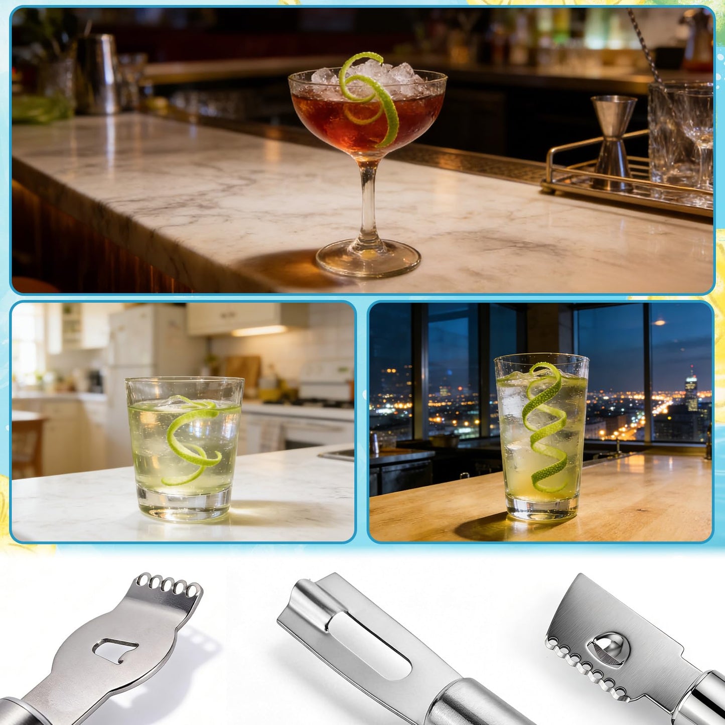 3pcs Lemon Zester, Peeler & Channel Knife Set, Stainless Steel Citrus Fruit Peeler Zester Grater Tool Practical Kitchen Bar Cutter Tool for Cocktail Garnishes Food Presentation