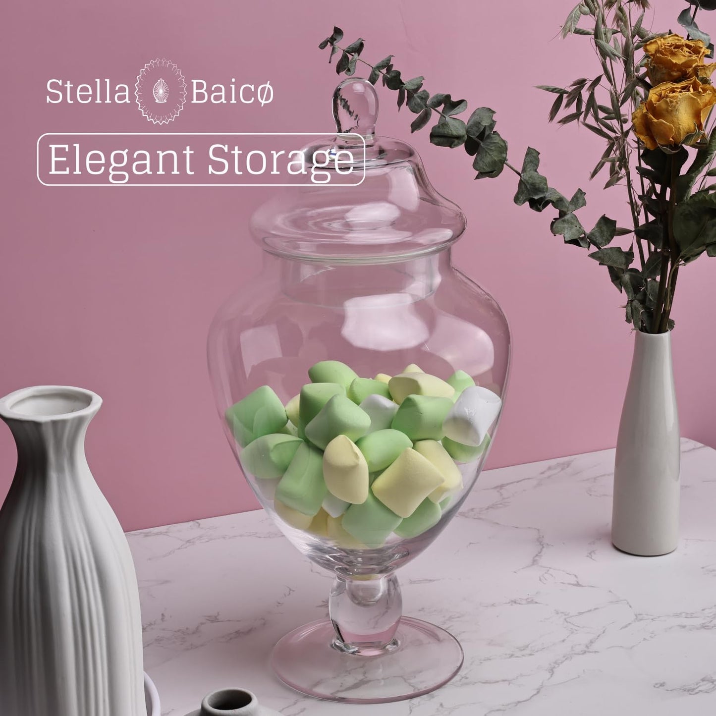 Large Glass Apothecary Jars with Lid, Glass Candy Jar for Candy Buffet, Elegant Decorative Glass Jars for Wedding, Display and Party, Clear Candy Canisters (Height: 12.6", Diameter: 6.3")