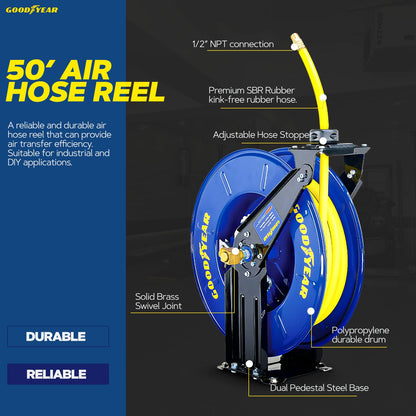 Goodyear Air Hose Reel Retractable 1/2" Inch x 50' Foot Long Premium Commercial Driven Sbr Hose Max 300 Psi Reinforced Steel Construction Heavy Duty Retractable Spring Industrial Dual Arm and Pedestal