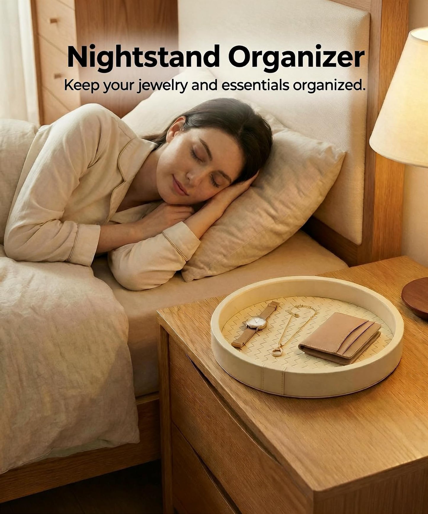 DEYIMAN Woven Leather Vanity Tray - 10 Inch Round Nightstand Organizer for Perfume & Jewelry, Beige