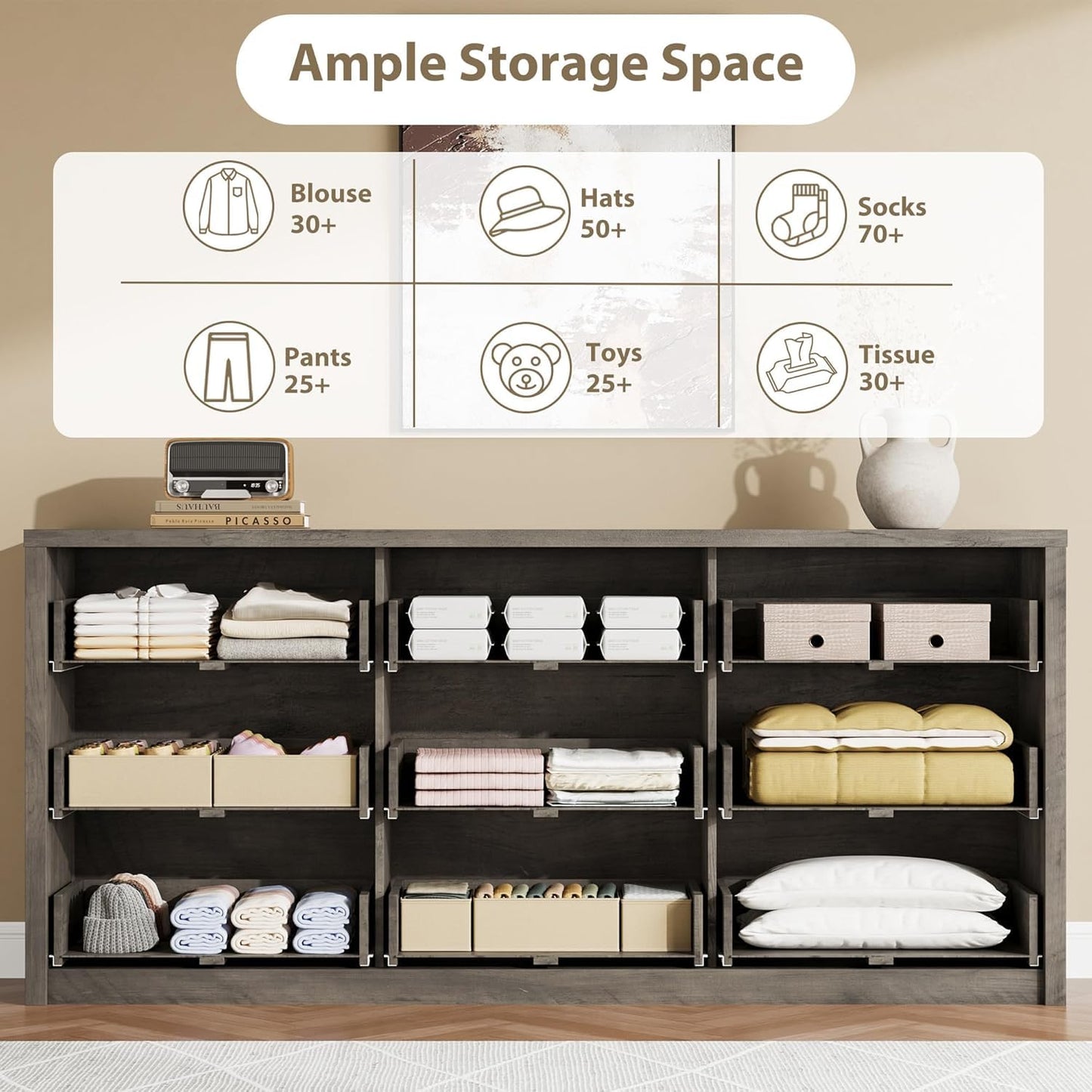 GarveeHome 9 Drawer Dresser for Bedroom, Wide Modern Chest of Drawers, Large Wood Dresser Wooden Storage Organizer for Living Room, Hallway Entryway