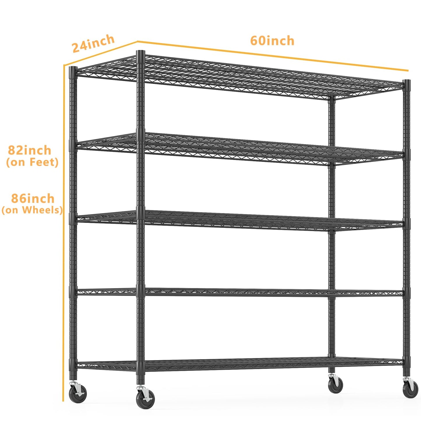 Himimi Storage Shelves 60"W Wire Shelving with Wheels 3250LBS Heavy Duty Metal Shelves for Storage, 5-Tier Adjustable Wire Rack Shelving Garage Shelving Kitchen Storage Shelves 24"Dx60"Wx82"H, Black