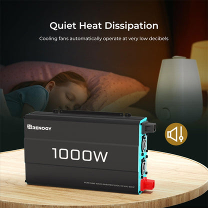 Renogy 1000W Pure Sine Wave Inverter 12V DC to 120V AC Converter for Home, RV, Truck, Off-Grid Solar Power 110V with Built-in 5V/2.1A USB Port, Hardwire Remote Controller
