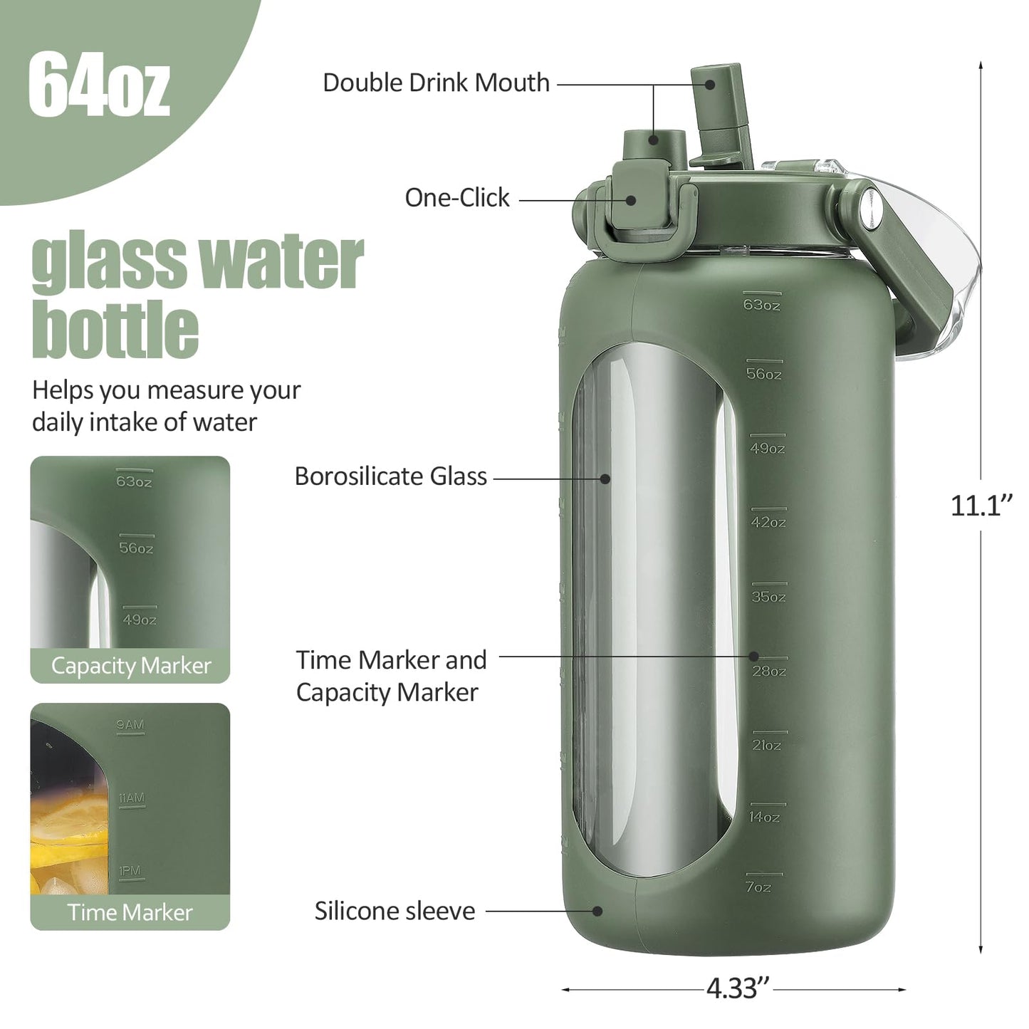 BLUEGO 64oz Glass Water Bottle with Handle and Straw, Motivational Sports Water Bottle with Time Marker and Silicone Sleeve Leakproof Drinking Bottle for Travel Gym Workout, Olive