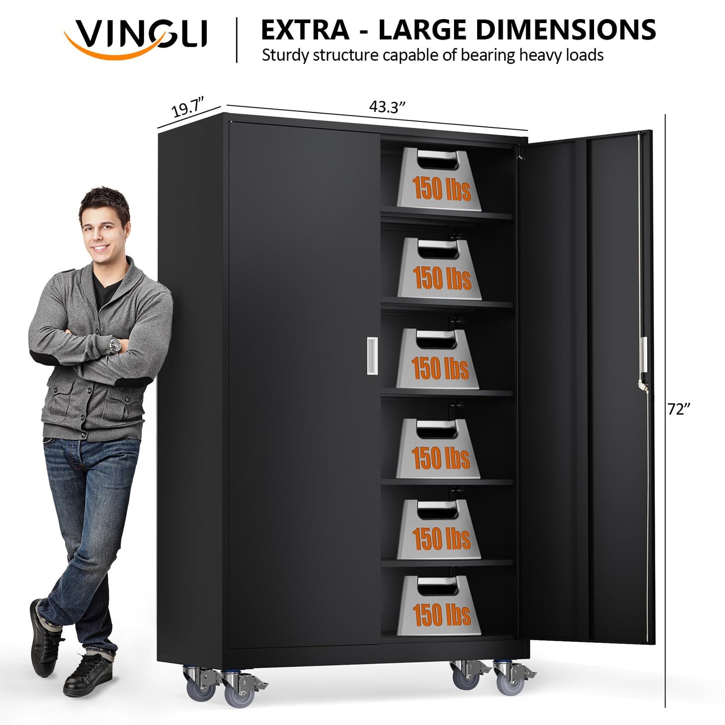 VINGLI Large Metal Storage Cabinet with 2 Doors and 5 Adjustable Shelves, Upgraded Height & Wide & Deep, 43''W x 20''D x 72''H, Oversized Garage Storage Cabinet with Wheels and Locks (Black)