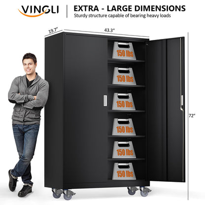 VINGLI Large Metal Storage Cabinet with 2 Doors and 5 Adjustable Shelves, Upgraded Height & Wide & Deep, 43''W x 20''D x 72''H, Oversized Garage Storage Cabinet with Wheels and Locks (Black)