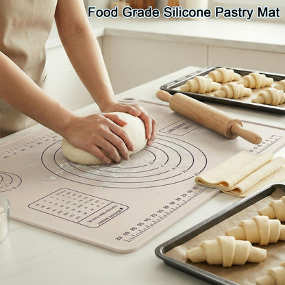 Silicone Pastry Mat 28" x 20" Extra Thick Silicone Baking Mat with Measurements and Edge Heightening Non-stick Food Grade Dough Rolling Mat Kneading Sheet for Pastry, Bread, Cookies (Beige)