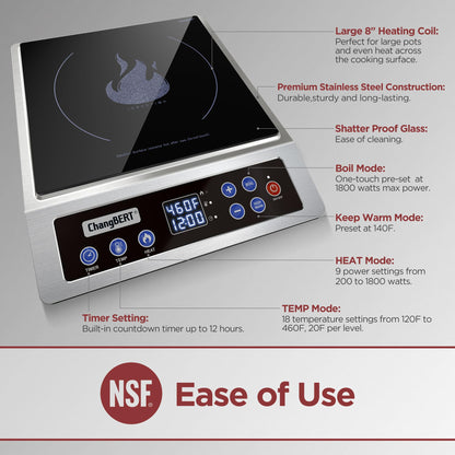 ChangBERT Portable Induction Cooktop Enhanced Version, One-Click Max Power 1800W Large Heating Coil Burner, Precise Temperature Control, NSF Certified Commercial Grade Low Noise Hot Plate