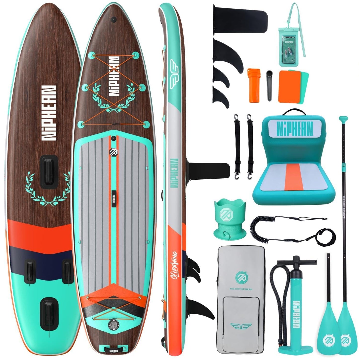 Niphean (Extra Large) Inflatable Paddle Board, SUP for 2+1 People/Family 500lbs Capacity Stand Up Paddle Board with SUP Accessories, StabilTrac Fin Non-Slip Paddleboard for Adults-Light Green