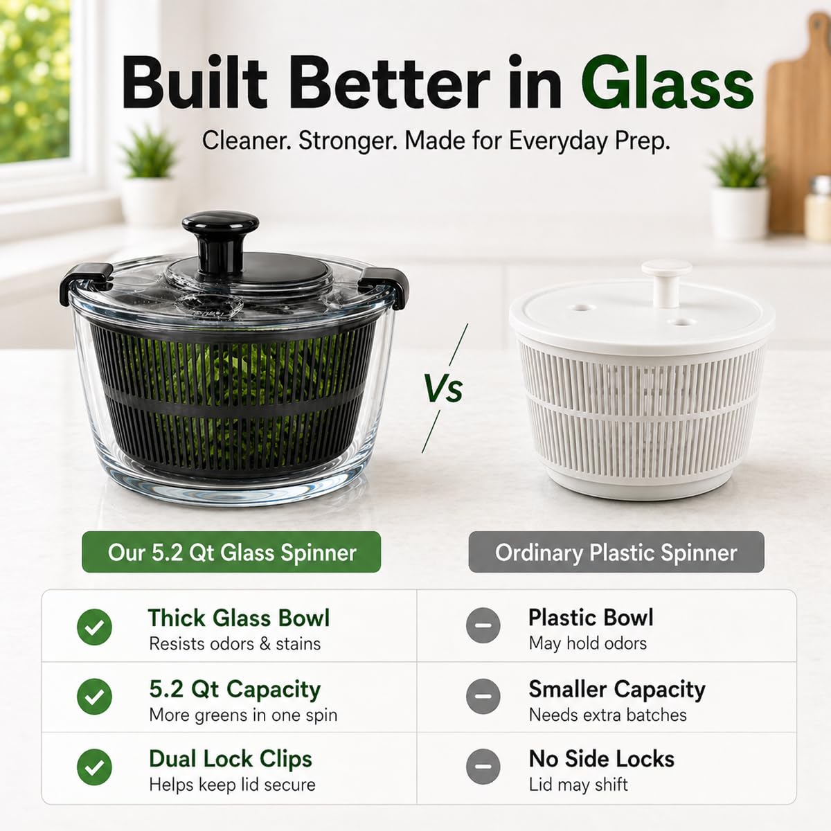 LYTYCJD Large 5.2 Qt Glass Salad Spinner Vegetable Dryer with Drain Microwave Safe Dishwasher Safe with Transparent Lid Crank Handle Quick Spin Greens Washer for Lettuce Herbs Fruits (black)