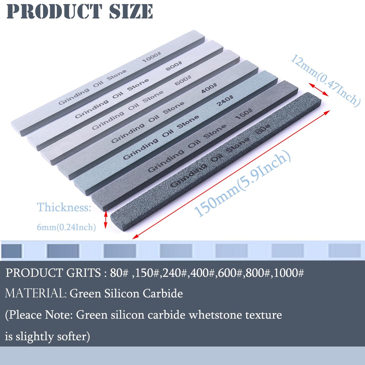 CBRIGHT 7pcs Sharpening Stone Set,7 Grit Green Silicon Carbide Whetstone Stick Honing Stone for Knife,Scissor,Moldel and Bladed Tools 80# 150# 240# 400# 600# 800# 1000# (5.9x0.47x0.24Inch)