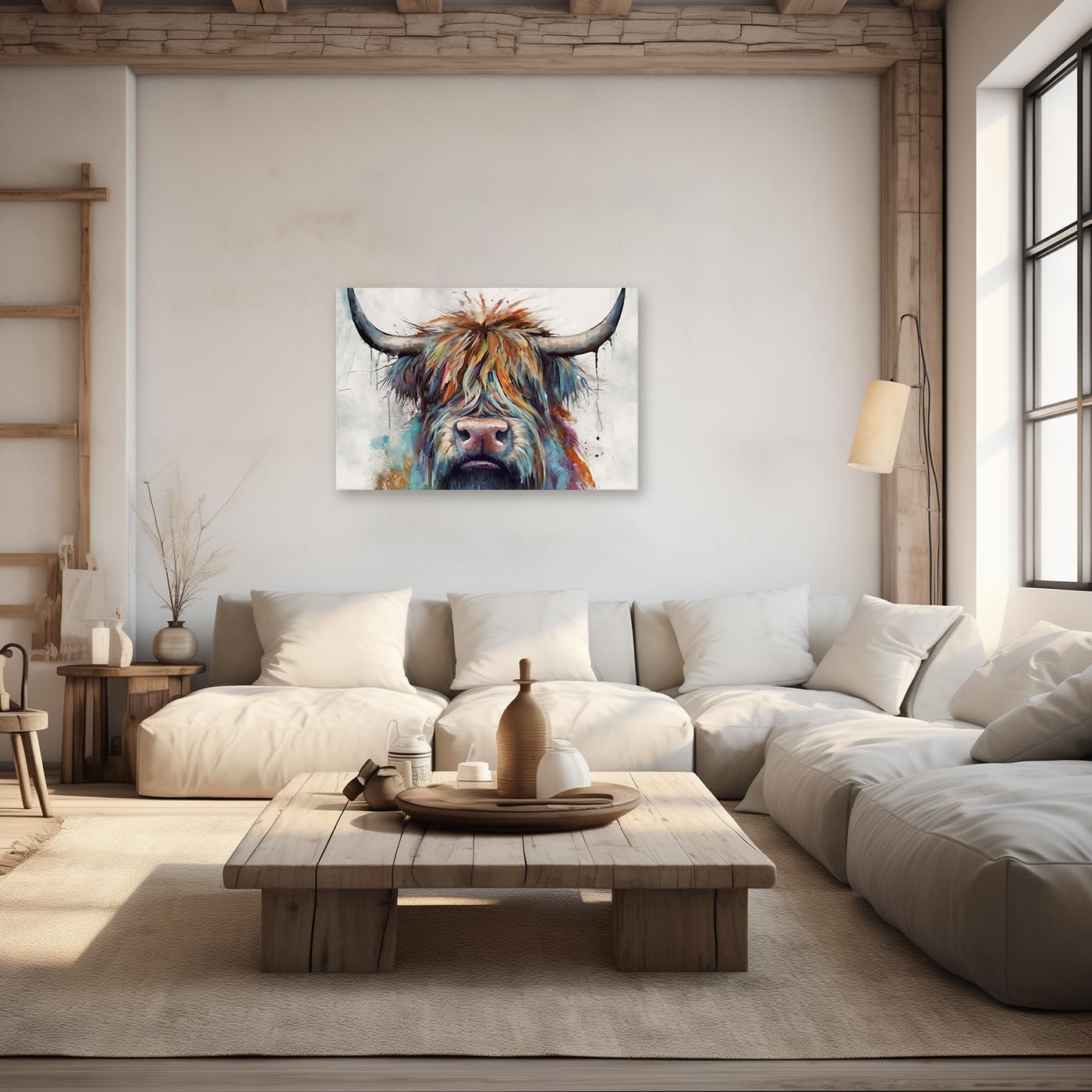 CCWACPP Highland Cattle Canvas Wall Art, Colorful Cow Painting Print, Rustic Farmhouse Decor Frame (12x18inch)