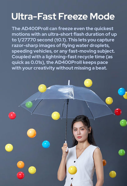 Godox AD400 Pro II AD400Pro II AD400ProII Flash, GN72 One-Tap Sync with X3/30W Bi-Color Modeling Lamp/Color Screen/16 Color Groups Indicator/Freeze Mode/460 Flashes/1/512~1/1 (with ± 0.1 Increment)