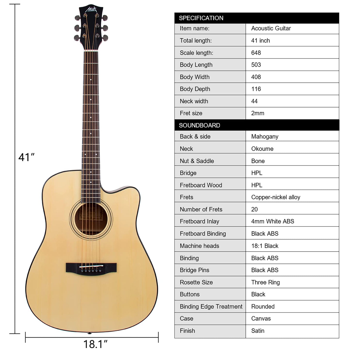 AKLOT Acoustic Guitar for Beginners Full Size 4/4 Folk Guitars Cutaway Acoustique Guitare Starter Kit (Spruce Wood W/Bag)