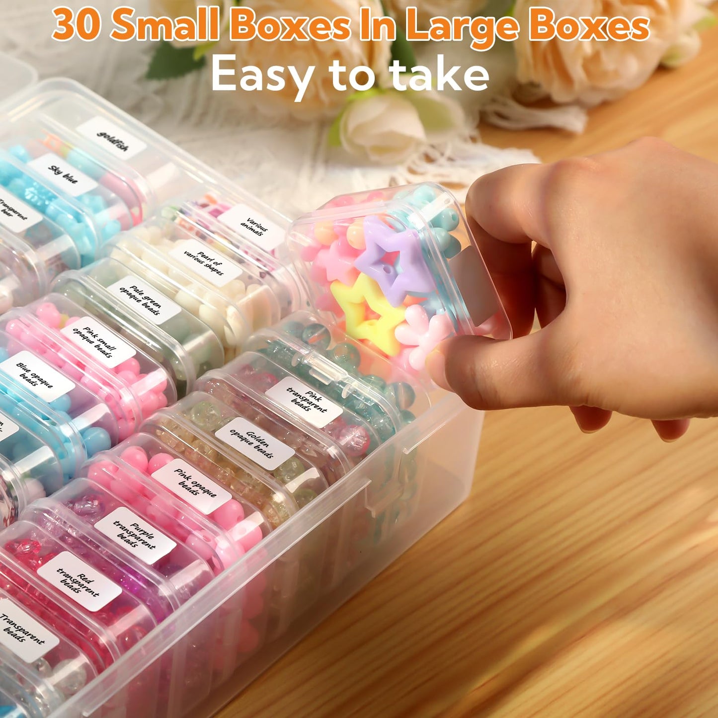 124 Pack Bead Organizer Box, Transparent Small Plastic Containers (4 Large Boxes and 120 Small Boxes), Bead Organizers and Storage with Blank Stickers for Bracelet Making DIY Jewelry Craft Nail