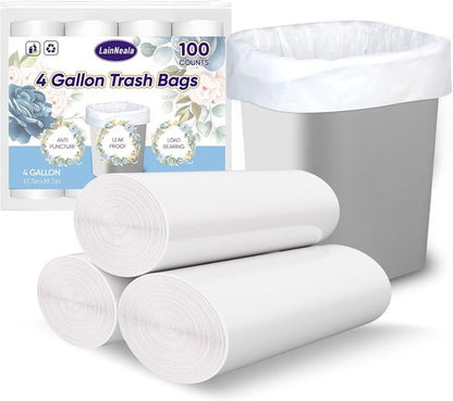 LainNeala Small Trash Bags - 4 Gallon, 100 Count Unscented Mini Garbage Can Liners | White Bathroom Bags