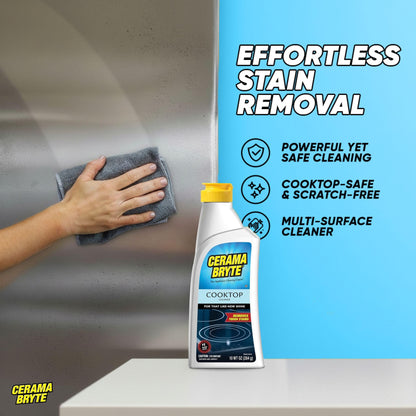 Cerama Bryte Glass Cooktop and Stove Top Cleaner Combo Kit - Includes Cleaning Tool, Razor, Scraper and 1 Pad to Remove Tough Stains - Use on Gas, Electric, Ceramic Surfaces, 10 Ounces, 4 Piece