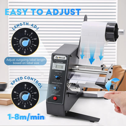 CGOLDENWALL Automatic Label Dispenser Sticker Roll Dispenser for Logistics Office Home, 1-8m/min Speed Adjustable, Length 0.12-5.9" Width 0.16-5.5", Auto Sensing&Counting, Max Roll Dia. 9.8"