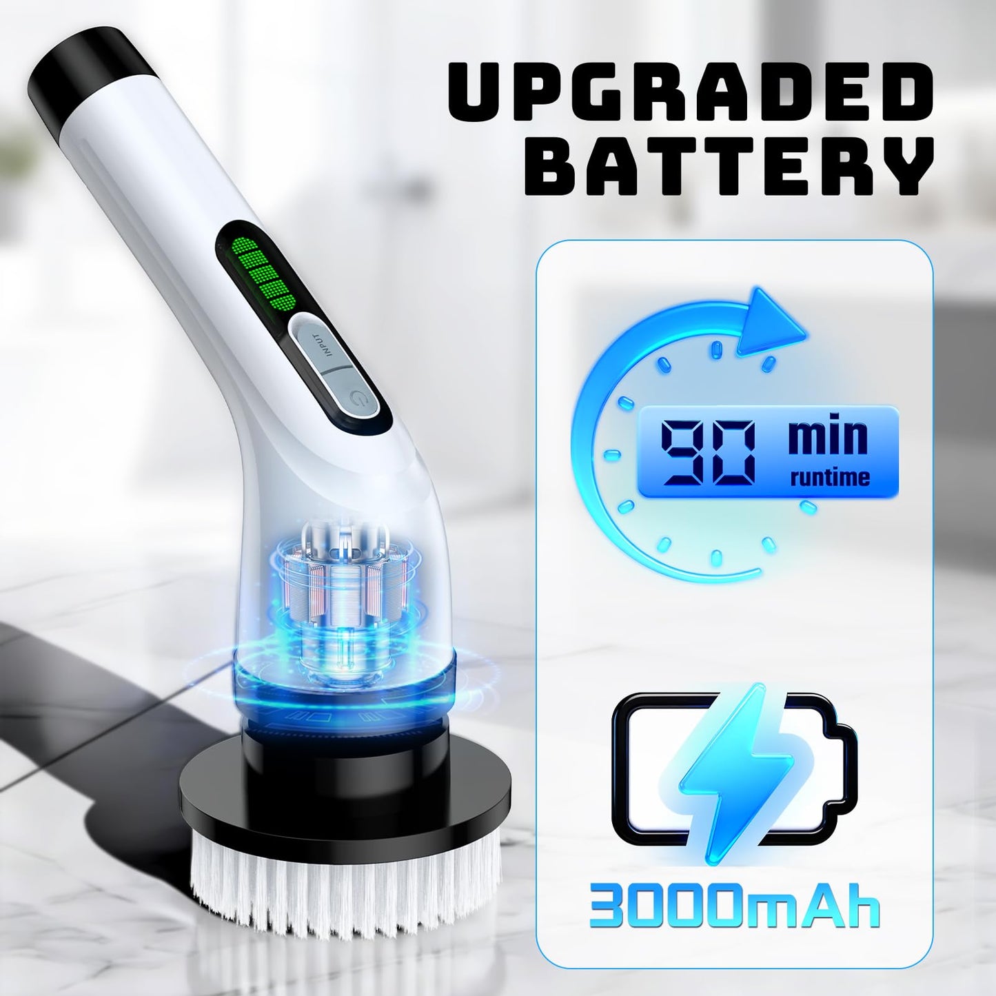 Highyes Electric Spin Scrubber, Powerful 2-Speed Cleaning Brush, IPX7 Waterproof with 7 Reusable Brush Heads & Extendable Handle, for Bathroom Toilet Shower Kitchen Wall Tile Floor Grout (White)