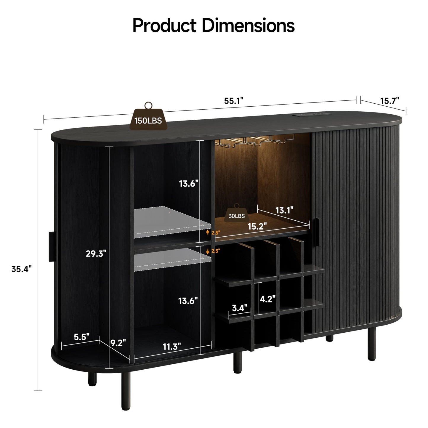 55" Wine Cabinet, Fluted Coffee Bar Cabinet with LED Light, Modern Liquor Coffee Station with Power Outlet, Wine Rack & Glass Holder, Sliding Door Buffet Sideboard Table for Home, Living Room, Black