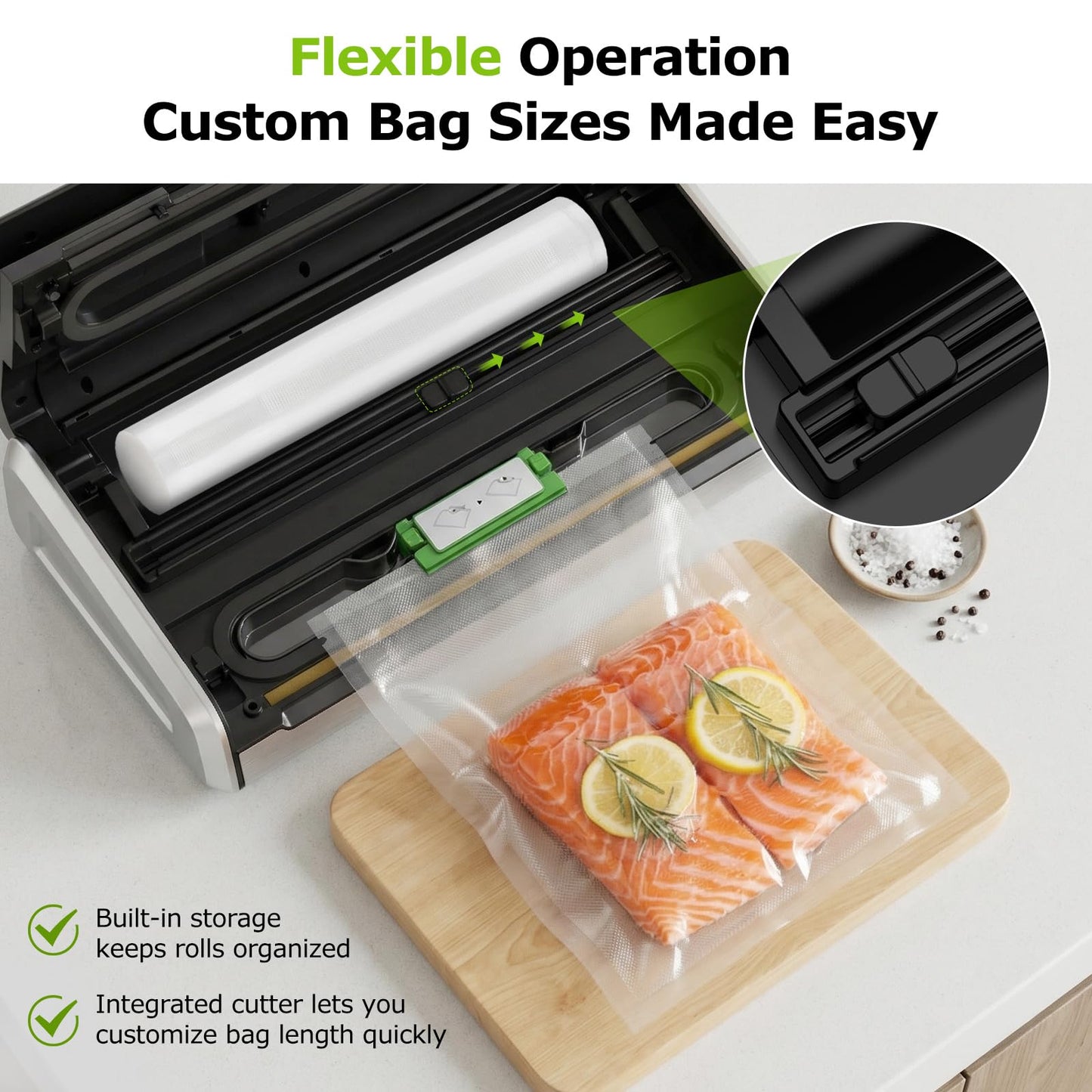 Bonsenkitchen Vacuum Sealer for Food, One-Hand Operation Food Vacuum Sealer Machine with Digital Timer, 0.2-inch wider seal, Built-in Cutter and Bag Storage for Meal Prep, 1 Roll Bag & 10 Pre-Cut Bags