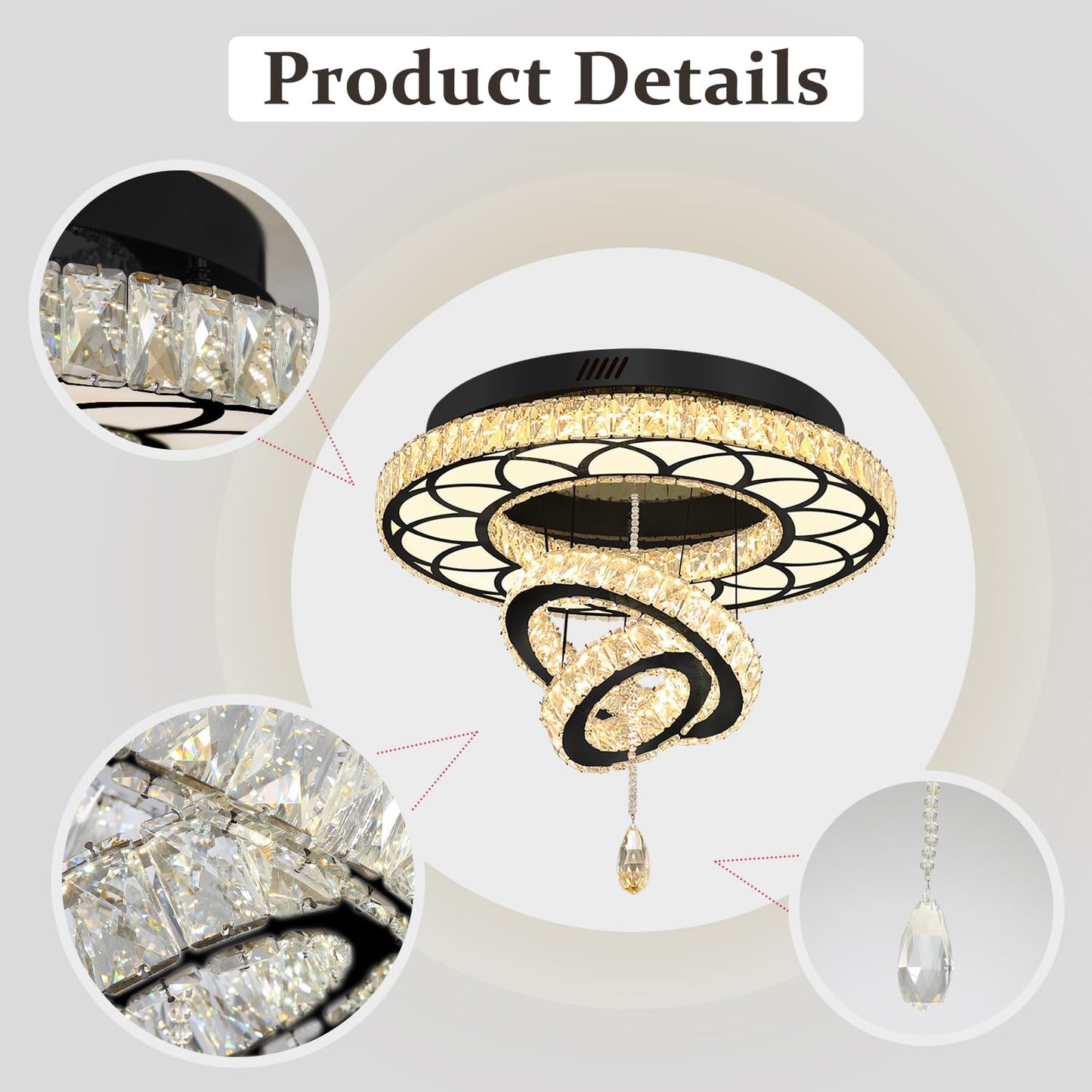 Flashing God Dia 24" Modern Crystal Chandelier for Dining Room Black Ceiling Chandelier Flush Mount Ceiling Light for Living Room Bedroom Hallway