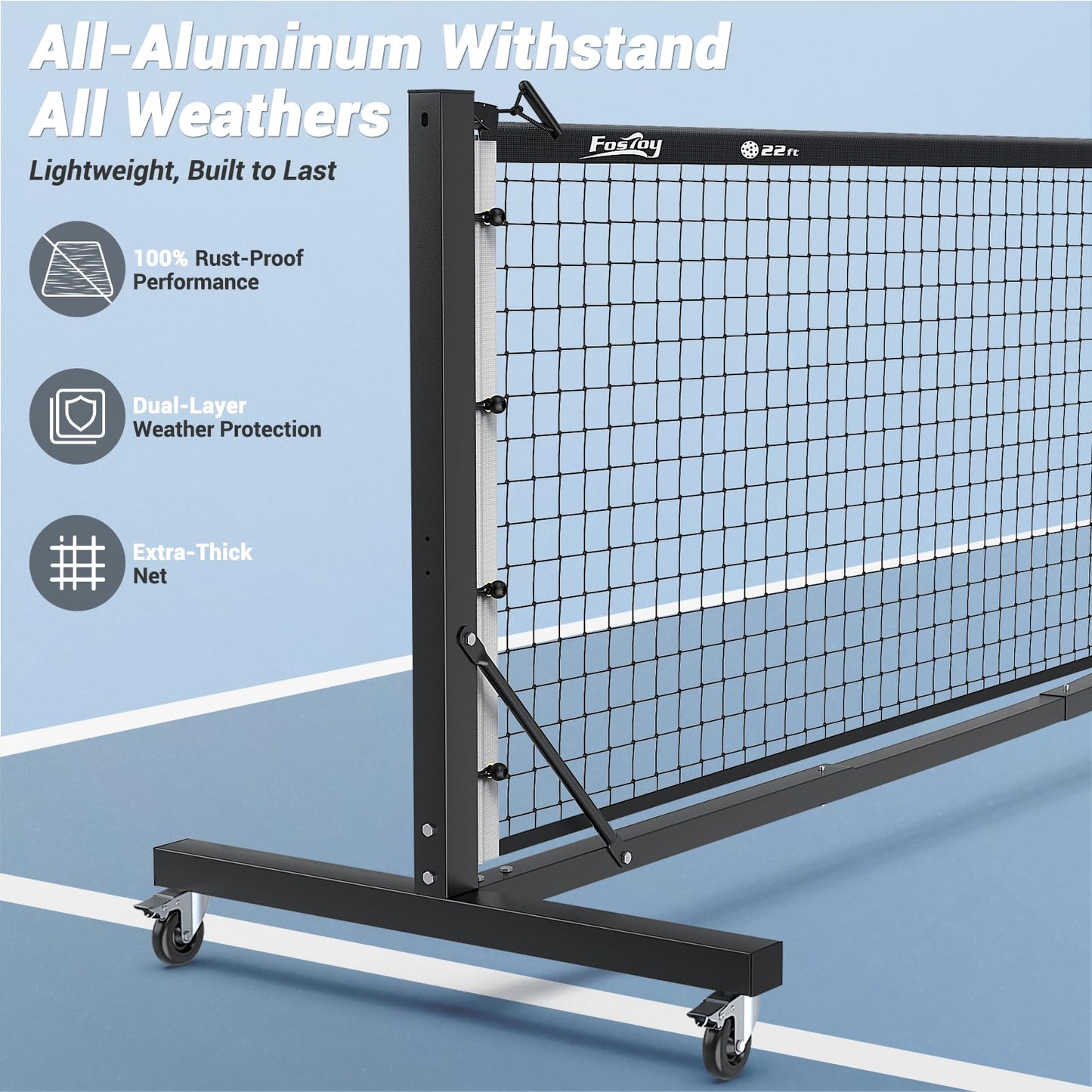 Fostoy Pro Aluminum Pickleball Net with Carbon Fiber Paddle, Dual-Side Tension Lock System, Locking Wheels, 22FT Tournament Regulation Size for Outdoor Court, Driveway & Gym, Easy Setup, Carry Bag