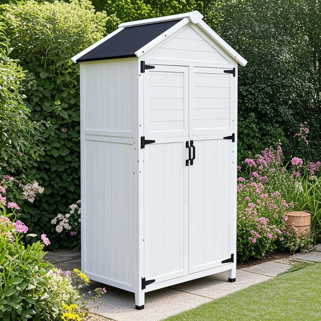 Christopher Knight Home Neapo 67" Outdoor Storage Shed, Spacious Storage Garden Tools Shed, Fire Wood Tall Sheds, Two Open Doors, Wooden Panel Design, Easy Organize Lawn Mowers, Shovels, Pots, White