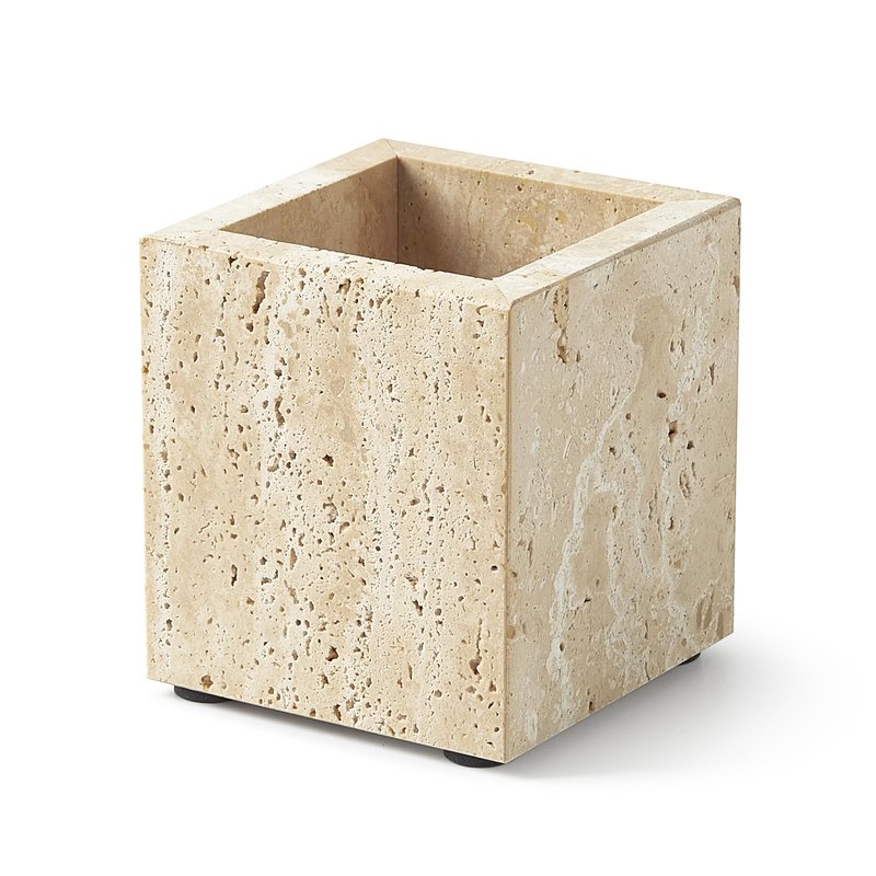 Real Natural Travertine Marble Toothbrush Holder & Pen Holder & Makeup Brush Holder & Utensil Holder, Genuine Stone Rectangular Bathroom Tumbler Cup, Durable Office & Home Countertop Organizer
