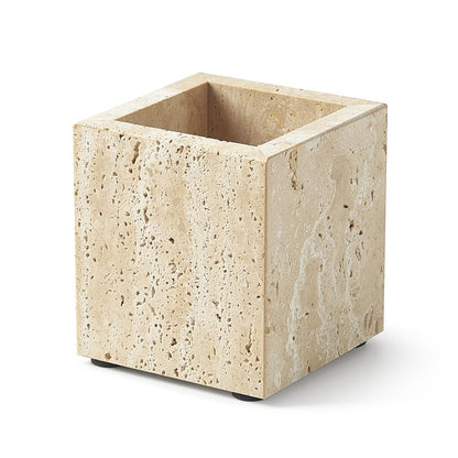 Real Natural Travertine Marble Toothbrush Holder & Pen Holder & Makeup Brush Holder & Utensil Holder, Genuine Stone Rectangular Bathroom Tumbler Cup, Durable Office & Home Countertop Organizer