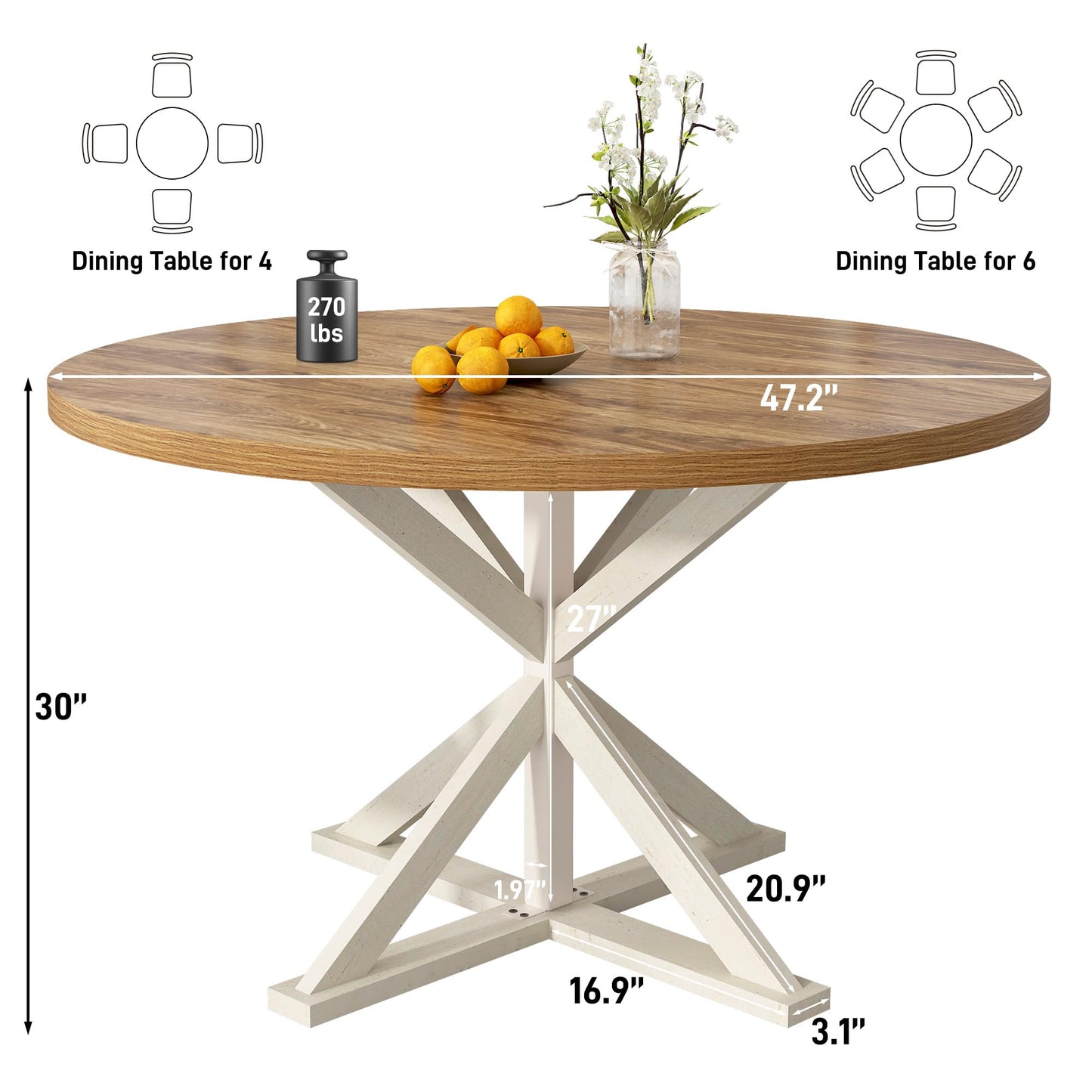 Round Wood Dining Table for Kitchen,Dining Room,Living Room,Farmhouse Dinner Tables W/Thickened Brown Wooden Waterproof Tabletop for 4 People,47 inch Rustic Kitchen Table W/Metal Support(OAK)