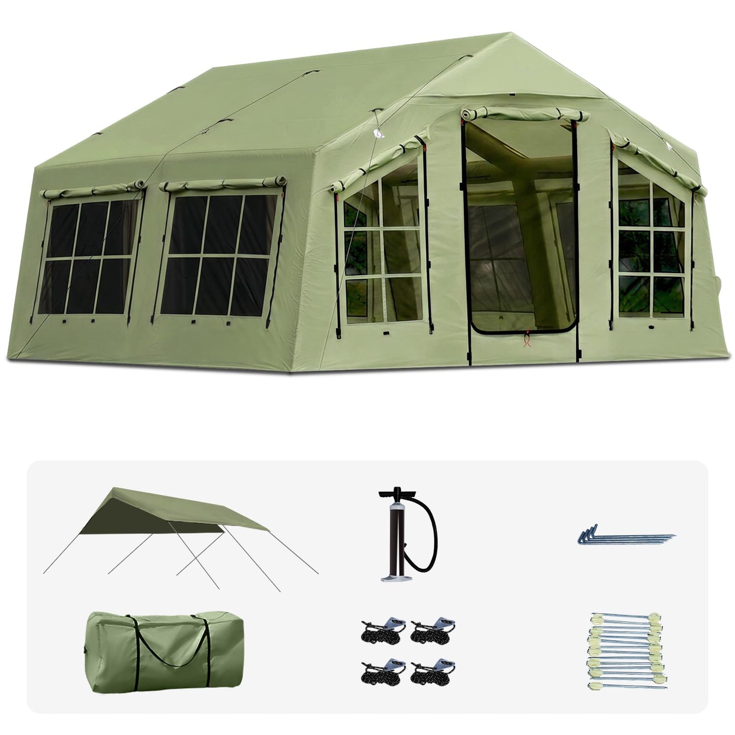 KNUO 2026 Upgraded Waterproof Inflatable Camping Tent for Winter with Rain Cover for 4~6 People, Large Blow-Up Air Tent, No Assembly Needed Luxury Glamping House, 12x12ft Oxford Fabric, Green