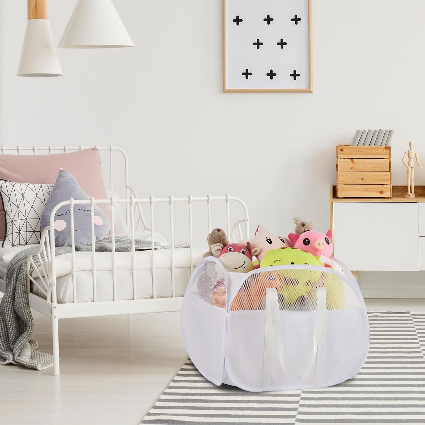 TECHMILLY Pop Up Foldable Laundry Basket, 90L Large Capacity Hamper for Dirty Clothes Storage, White