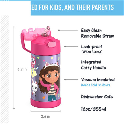 THERMOS FUNTAINER Water Bottle - 12 Ounce Kids Stainless Steel Vacuum Insulated with Straw | Gabby’s Dollhouse
