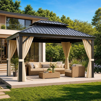 12'X14' Hardtop Gazebo, Metal Double Roof Aluminum Gazebos with Curtain and Netting, Permanent Galvanized Steel Pavilion, Heavy Duty Poles for Patio, Deck, Backyard, Lawn, Garden, Brown