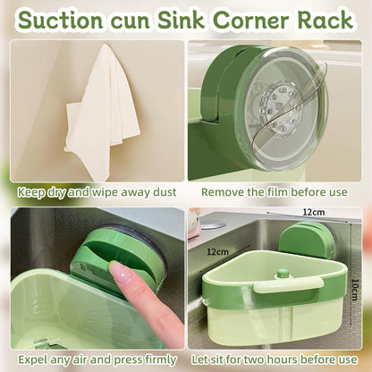 Suction Cup Sink Corner Rack 2026 Upgrade Corner Sink Strainer Basket Automatic Dumping Suction Cup Press Sinks Drainer Basket Faucet Sponge Storage Rack Food Waste Catcher for Sink (1PC - Green)