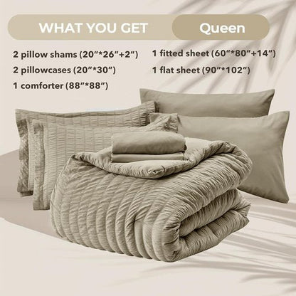 HYMOKEGE Queen Comforter Set - 7-Piece Seersucker Luxury Bedding Set for All Seasons | Includes Comforter, Sheets, Pillowcases & Shams