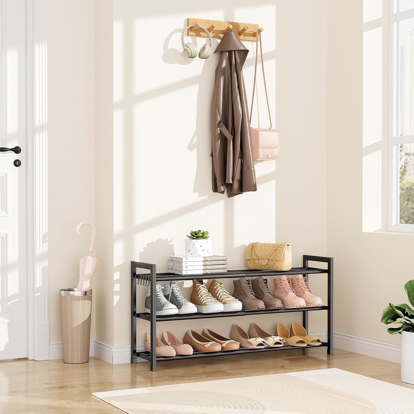 18"-33" Closet 12 3 5 LANTEFUL Adjustable Expandable Shoe Rack for Pairs Small Spaces Tier Shoe Organizer with Hooks