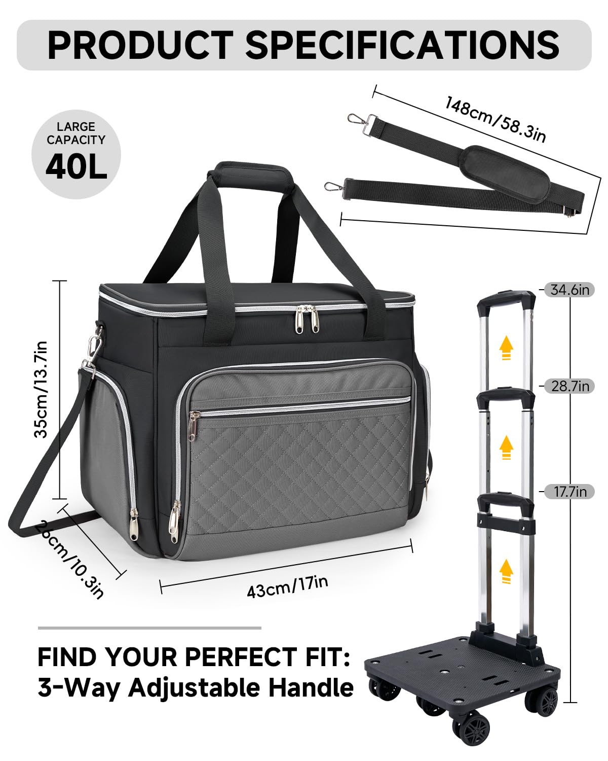 Amythe Rolling Teacher Tote Bag with Wheels, Rolling Briefcase for Women, 15.6 Inch Laptop Bag, 5-Wheel Rolling System with Detachable Trolley for Work, Teaching and Travel, Black Grey