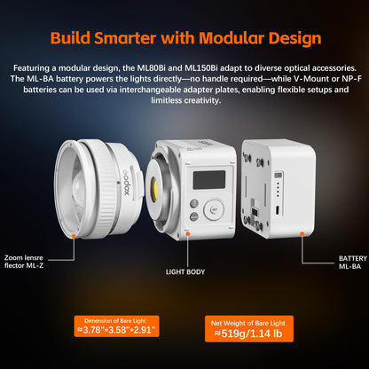 GODOX ML80BI LED Video Light with Battery,BI-Color 2800K-6500K,Portable Handheld Mini Led Photo Monolight,CRI 96+ TLCI 97+,29600Lux@1m,Support NFC&APP, for Photographers,Filmmakers,Studios