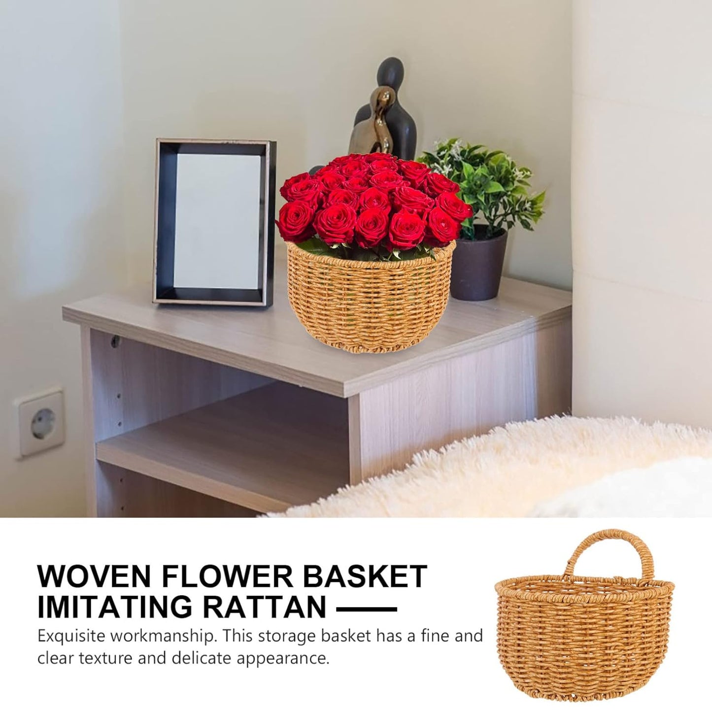 Zerodeko Straw Woven Trash Can - Small Khaki Wastebasket with Handle for Bedroom, Wall Hanging Basket