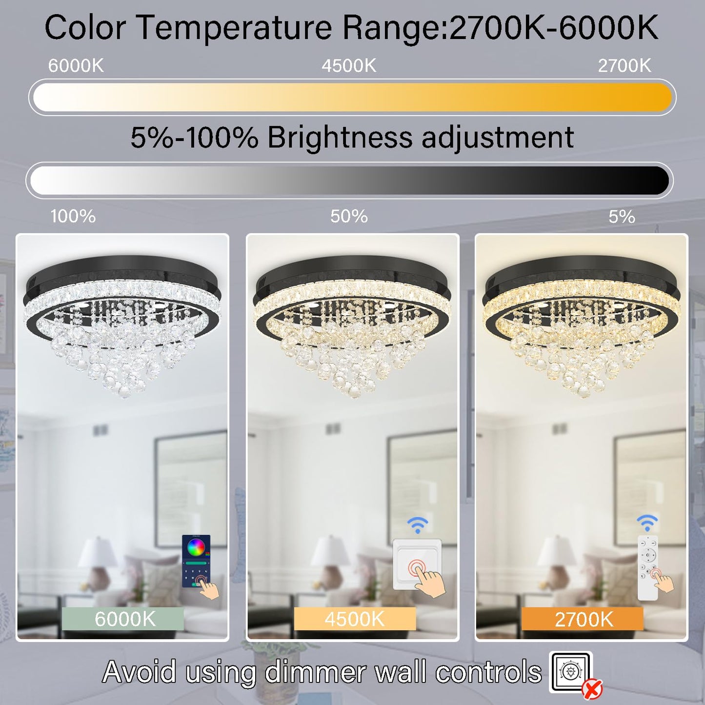 Shial Lighting Dia 24" Modern Crystal Chandeliers for Dining Room,Black Raindrop Chandelier Flush Mount Chandeliers for Living Room Bedrooms Dining Room Dimmable 2700k 4500k 6000k