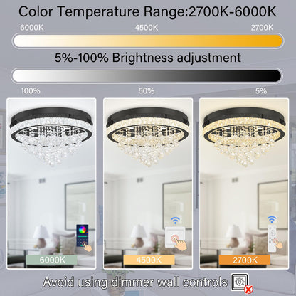 Shial Lighting Dia 24" Modern Crystal Chandeliers for Dining Room,Black Raindrop Chandelier Flush Mount Chandeliers for Living Room Bedrooms Dining Room Dimmable 2700k 4500k 6000k
