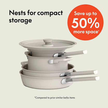 Bella 9-Piece Ceramic Nonstick Cookware Set - Dishwasher & Oven Safe, Stackable Design, Oatmilk Color