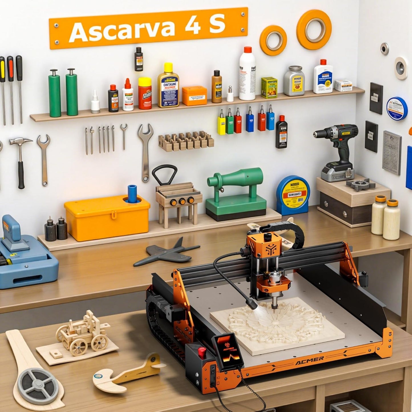 CNC Router Machine,ACMER Ascarva 4S CNC Milling Machine,70W 24V Spindle Power,15.7” x 15.7” x 3.7”,120W Whole Machine Power for Wood Plastic Acrylic MDF Carving Cutting