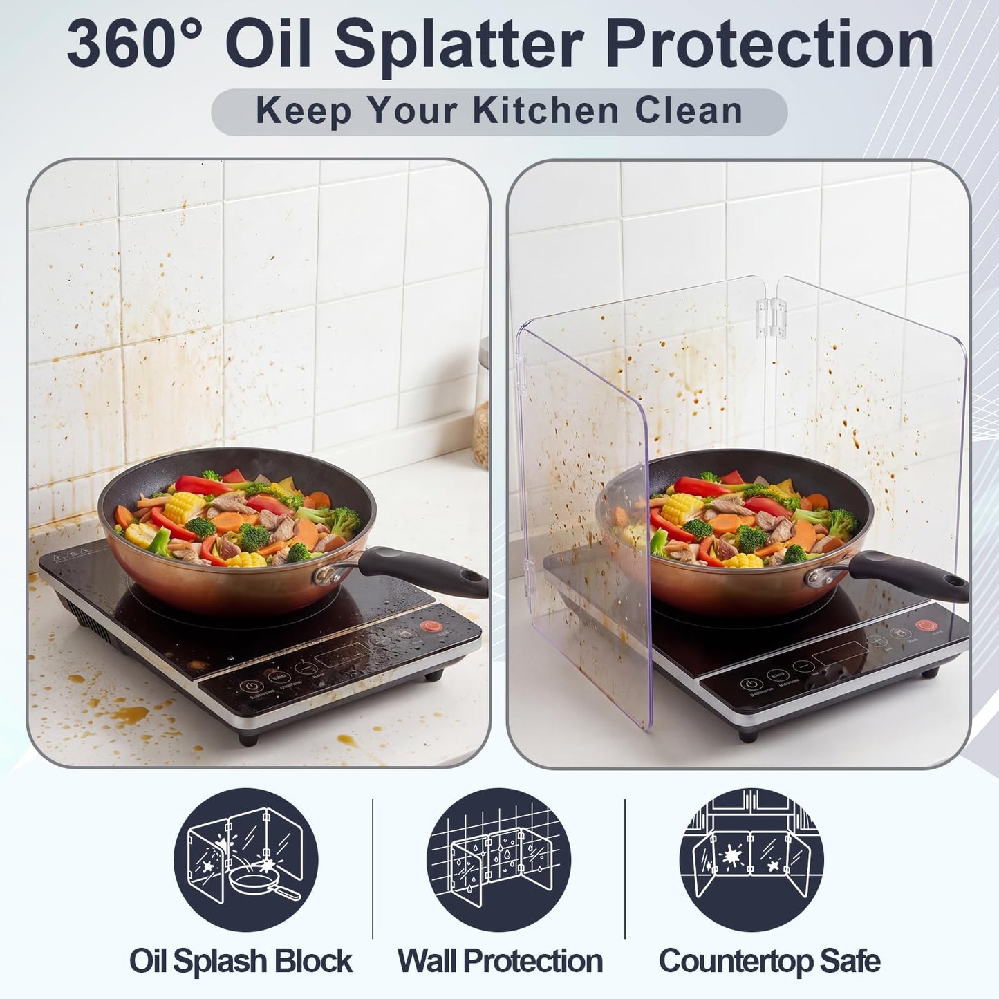 Unittype 4 Sided 360° Visibility Transparent Splatter Guard, Heat-resistant Cooking Stove Screen for Induction Cooktop Only, Acrylic Foldable Oil Splatter Guard, Fits Various Stovetops