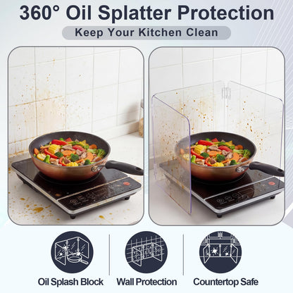 Unittype 4 Sided 360° Visibility Transparent Splatter Guard, Heat-resistant Cooking Stove Screen for Induction Cooktop Only, Acrylic Foldable Oil Splatter Guard, Fits Various Stovetops